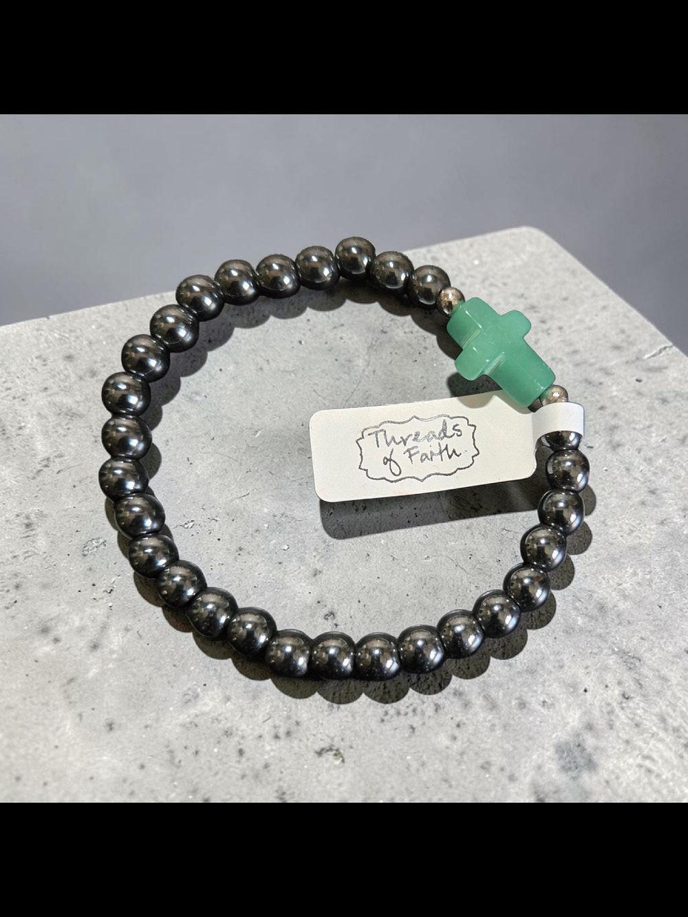 Beaded Hematite Bracelet with Green Cross Accent Unisex